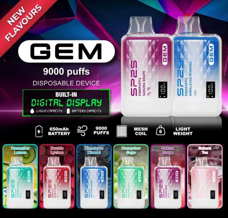 SP2S 思博瑞 GEM 拋棄式電子煙 9000 口｜Mesh Coil 650mAh 電子螢幕 水晶外殼 9種口味